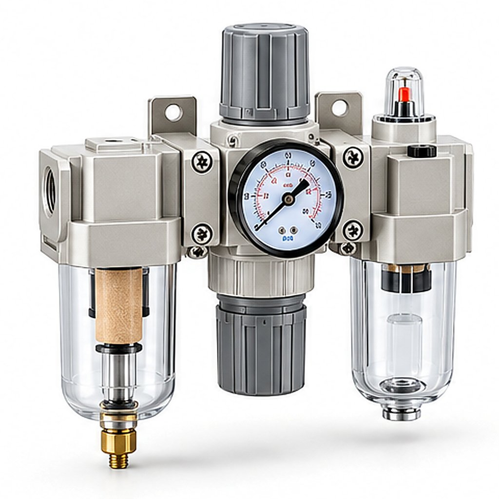 FRL / Air Preparation Unit AC40-08 Filter + Regulator + Lubricator Port Size: See Model Code; Compressed Air Max. Operating Pressure 1.0 Mpa; Ambient Temperature -5 To 60°C; Set Pressure Range 0.15–0.85 Mpa; Nominal Filtration 5 Μm Where Specified AC20 Series Three-Point Combination